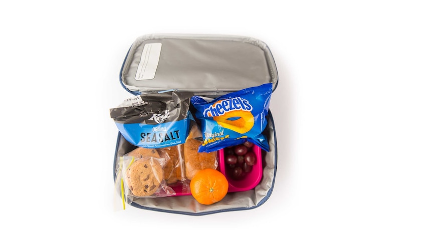 A Nutella roll, choc chip cookies, Cheezels, sea salt potato chips, grapes and a mandarin in a cooler bag.