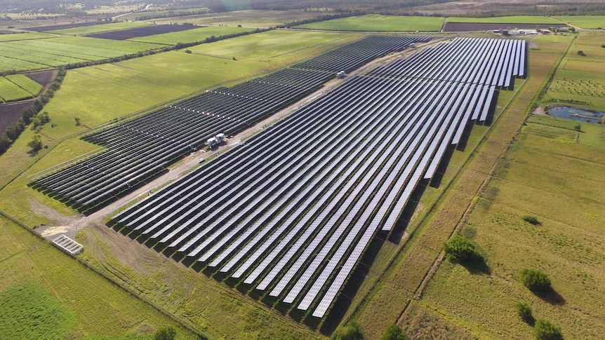 Many rows of 57,850 solar panels with grass paddocks and rural land in the background.