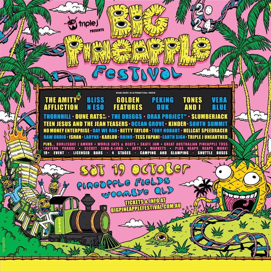 Poster with Terry Denton style cartoon of a train going into a pineapple's mouth with yellow and blue text for festival artists