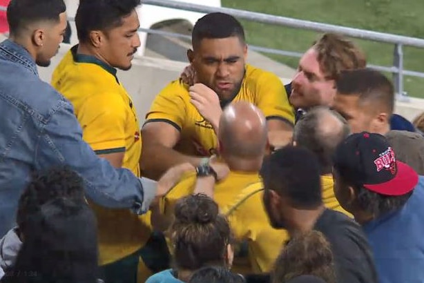 Lukhan Tui scraps with a Wallabies fan