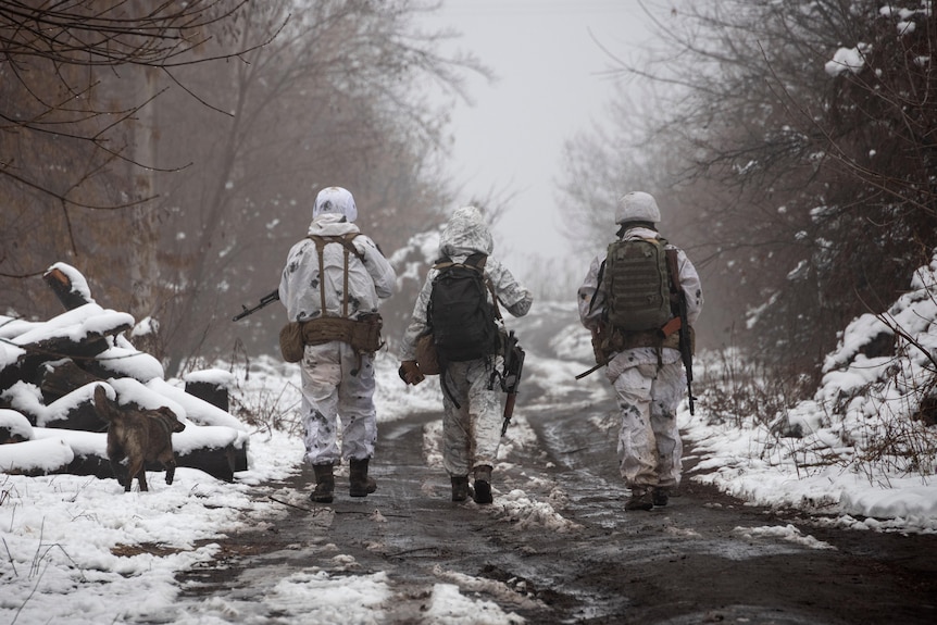 Ukrainian soldiers wearing white walk throw a snow-covered forest