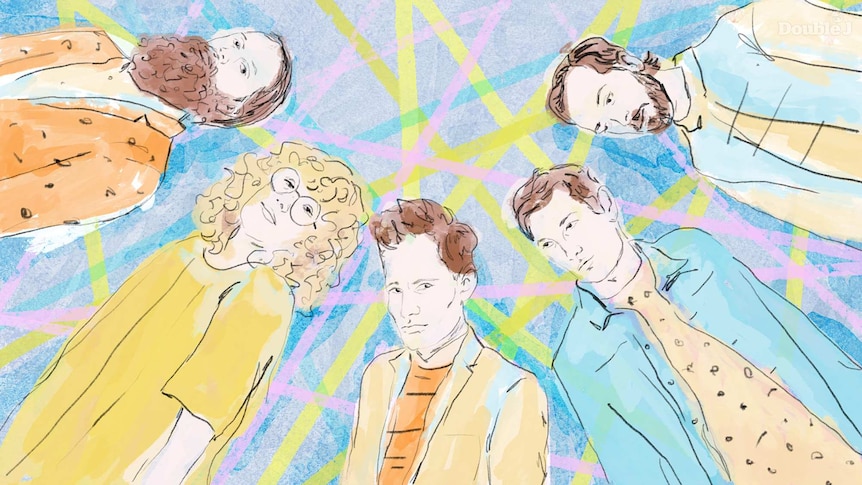 Illustration of the 5 members of Architecture in Helsinki on a blue, yellow and pink striped background