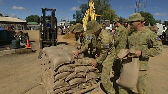 Army sandbags in Nathalia as the town braces for more flooding.