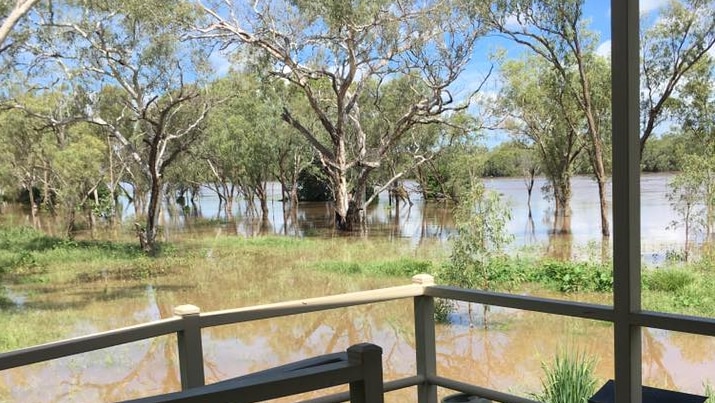 A flooded backyard looking from the back veranda.