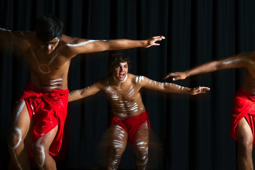 Indigenous students during a performance at Bremer State High School in Ipswich.