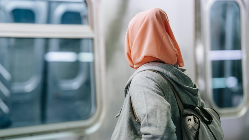 A woman in a pink hijab on a train pictured from the back. 