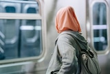 A woman in a pink hijab on a train pictured from the back. 