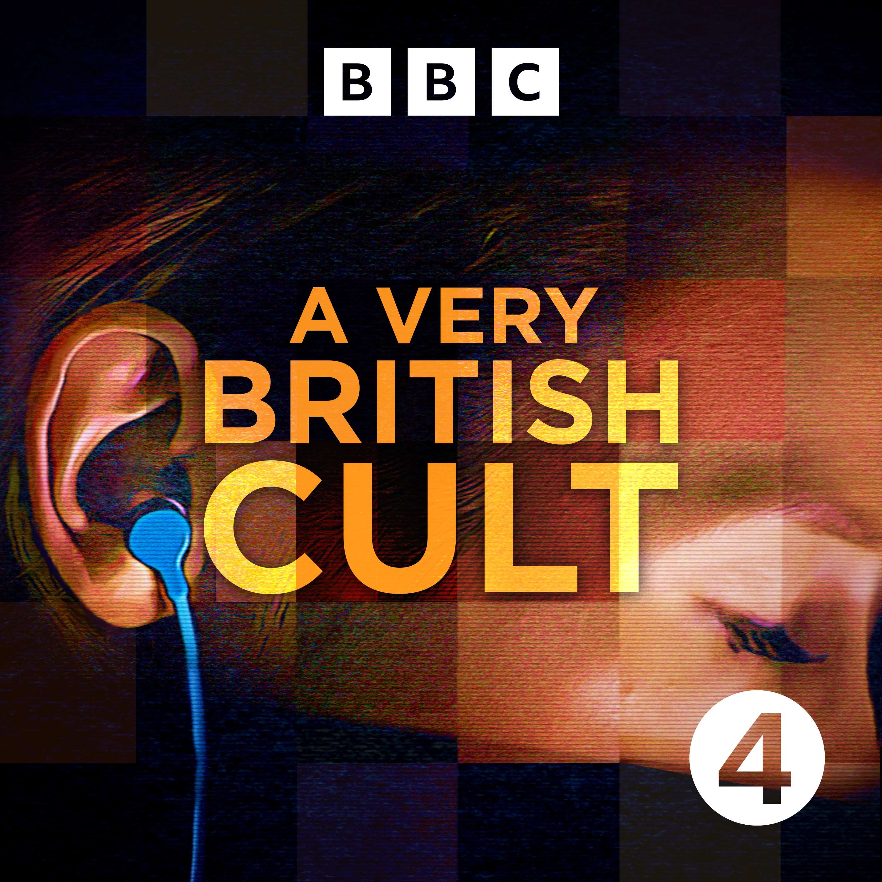 Slightly blurry closeup of an anonymous face viewed from the side; A Very British Cult over the top.