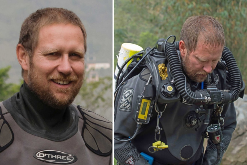 A composite image of Richard Harris smiling and emerging from a dive.