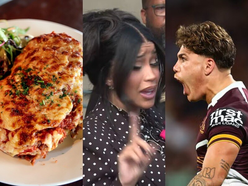 A composite image showing a chicken parmigiana, Cardi B and Reece Walsh