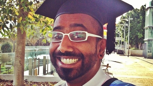 Samuel Jeyaseelan wearing robes at his architecture graduation ceremony.