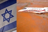 A composite image of the Israeli flag and a Royal Flying Doctor Service plane.