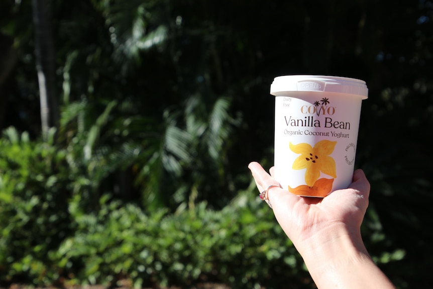 A woman's hand holding a tub of CoYo vanilla bean organic coconut yoghurt outdoors in front of a garden