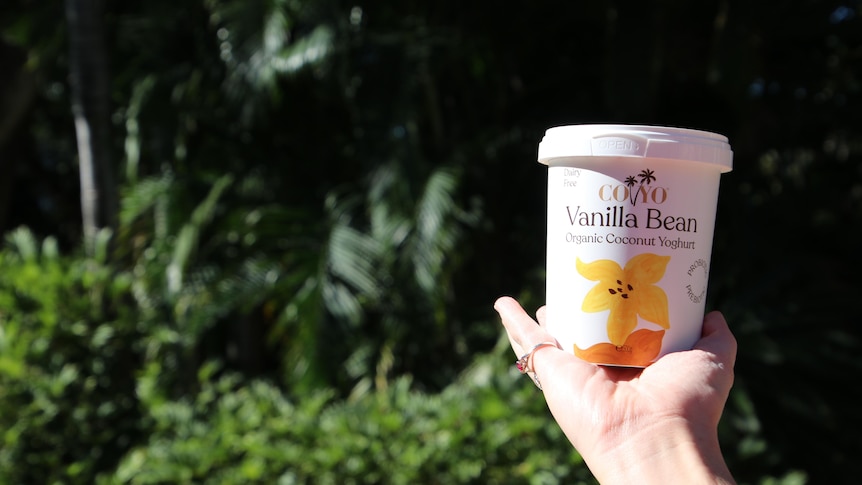 A woman's hand holding a tub of CoYo vanilla bean organic coconut yoghurt outdoors in front of a garden