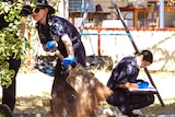 A police woman throws dirt from a shovel while another crouches to examine something