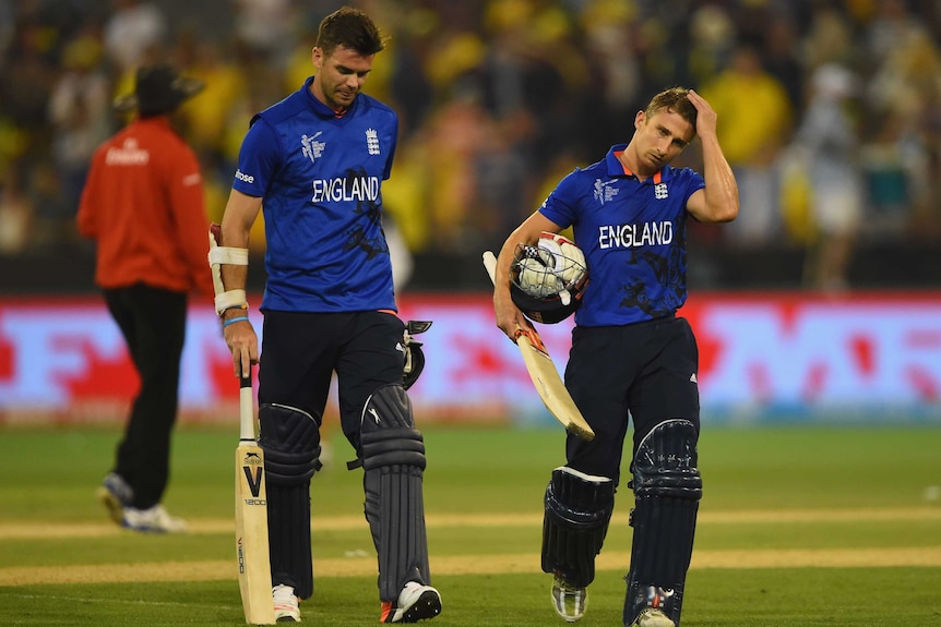 James Anderson and James Taylor leave the MCG after England's Cricket World Cup loss to Australia