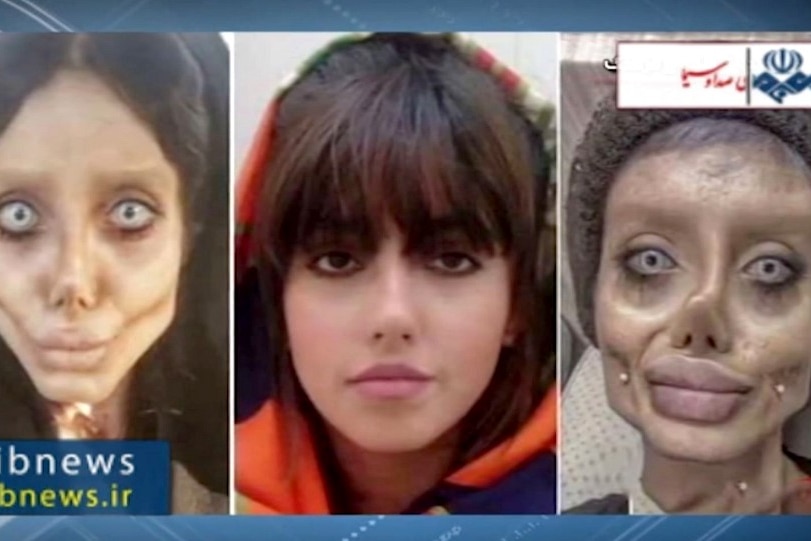 Sahar Tabar appears on Iranian TV (middle) in no make up, next to images of her heavily made up as a zombie-like Angelina Jolie.