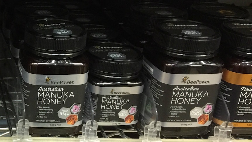jars of honey sit on a shelf