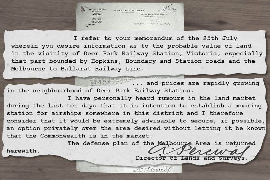 A memorandum from 1927 inquiring about the possible purchase of land at Deer Park.