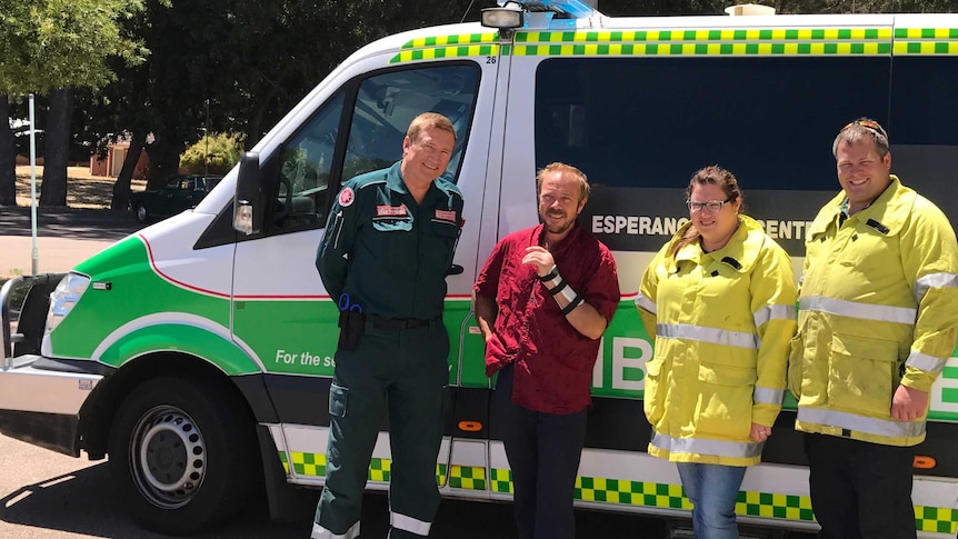 Paul Gaughan, Jason Holmes and Esperance Volunteer Fire and Rescue members Amelia Rolton and Blake Halford