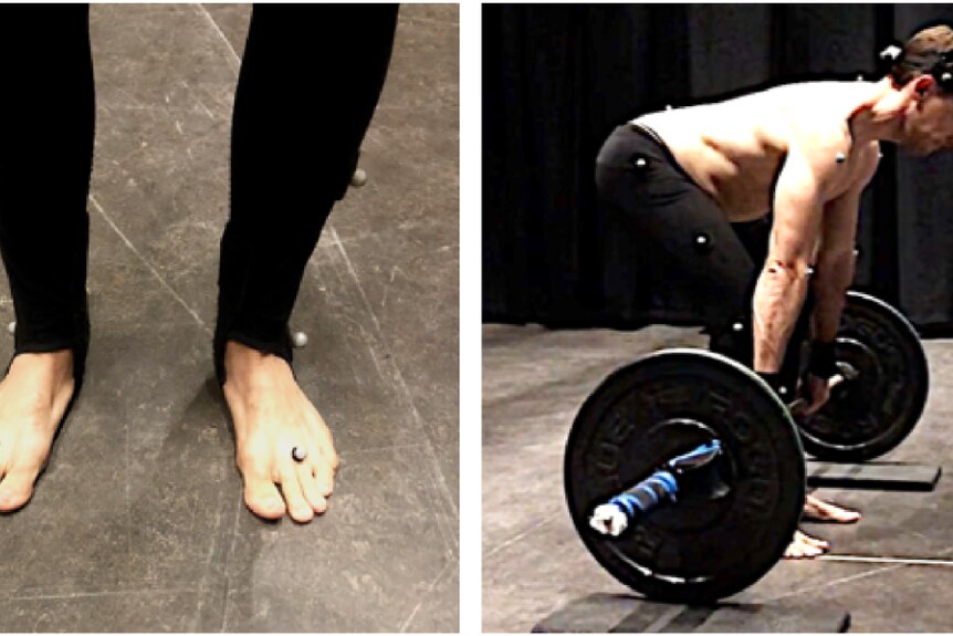A man wearing sensors on his body while lifting a barbell.