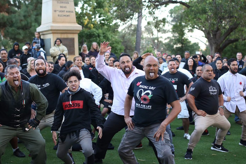 A large group of people performing the haka at Kings Park in Perth.