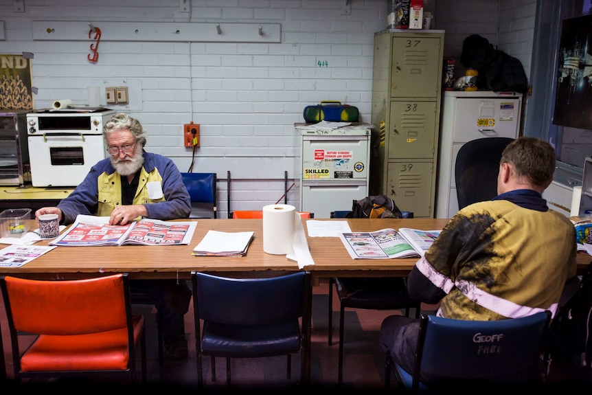 Workers in the break room of the Hazelwood power station