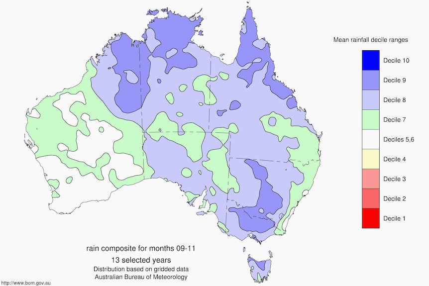 This map shows the average of the past 13 La Nina events across Australia.