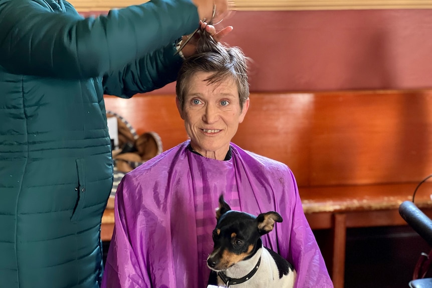 A woman getting her hair cut while a small terrier sits in her lap