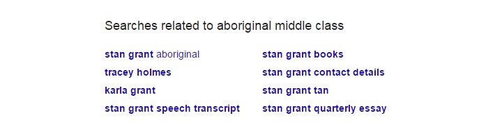A screenshot of related searches for the term Aboriginal middle class shows lots of search information about Stan Grant.