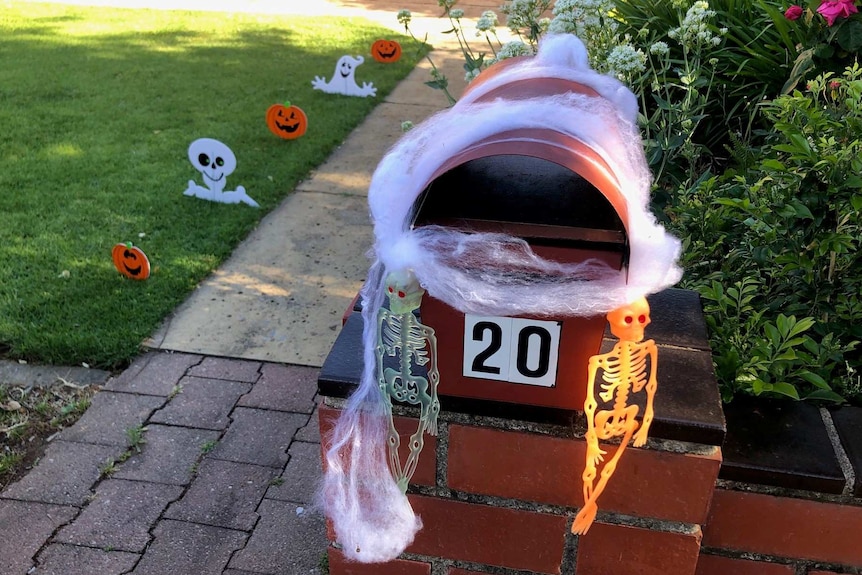 Fake cobwebs on a letterbox and other Halloween decorations in a front yard