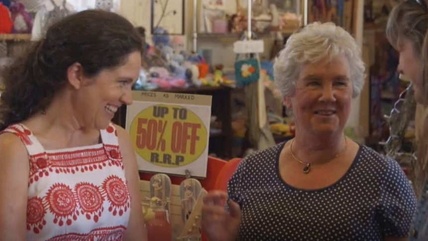 Crabb and mother in craft shop doing interview with Zemiro.