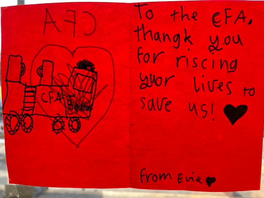 A drawing and misspelt letter in a child's hand, that says to the CFA thank you for risking your lives to save us.
