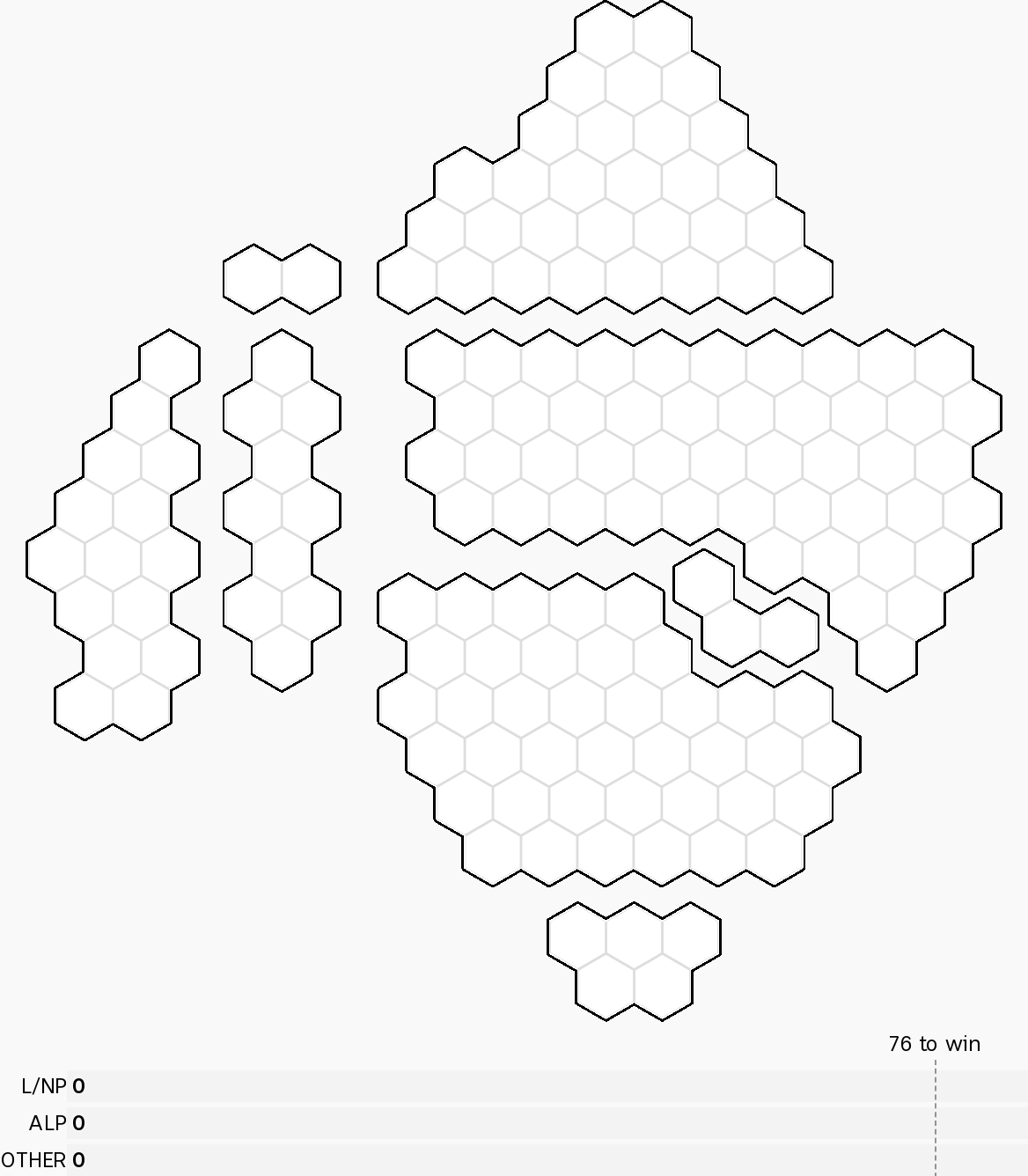 A white map of Australia with black outline, divided up into 151 hexagonal shapes.