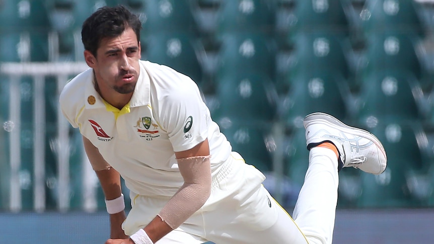 Mitchell Starc bowls a ball with his leg up behind him