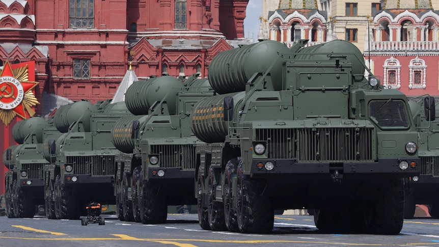 Russian S-400 missile defence systems drive in Red Square during a military parade.