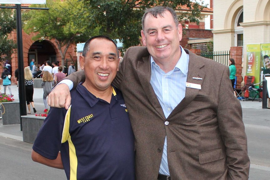 Katanning Imam Alep Mydie with former Shire President Alan McFarland at the 2015 Katanning Harmony Festival.