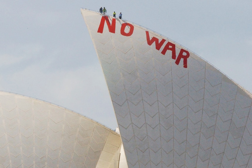 No War words emblazoned on the Opera House sails