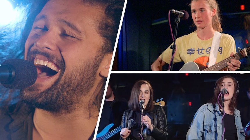 A collage of 2017 Like A Version performances from Gang of Youths, Alex The Astronaut, and Meg Mac