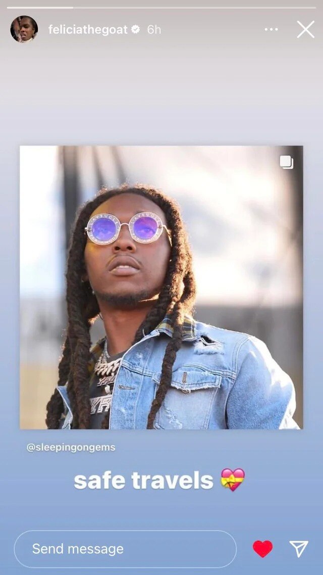 A photo of Takeoff from Tyler the Creator's Instagram Stories with the caption: "Safe travels"