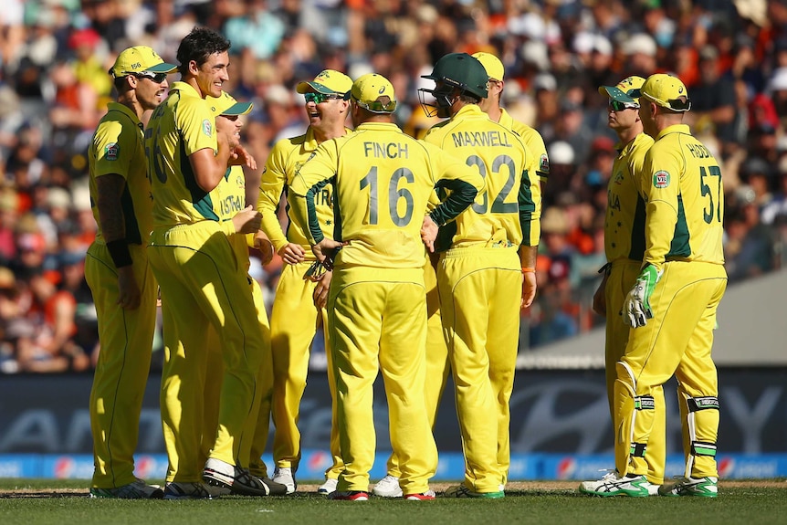 Australia celebrates the wicket of Ross Taylor