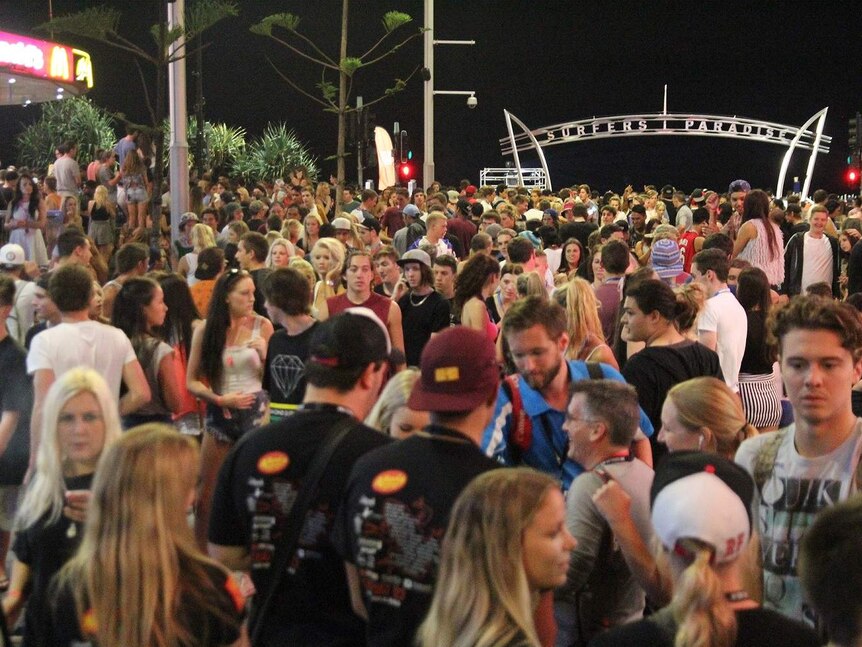 Closely packed crowd of teenagers at Schoolies, Surfers Paradise, the Gold Coast.