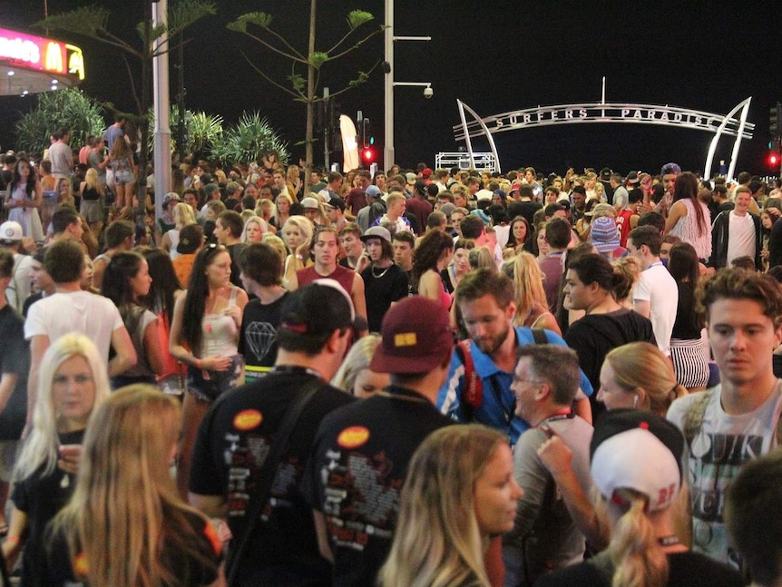 Closely packed crowd of teenagers at Schoolies, Surfers Paradise, the Gold Coast.