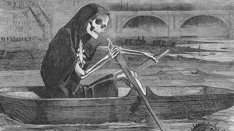 Drawing of Grim Reaper rowing on river