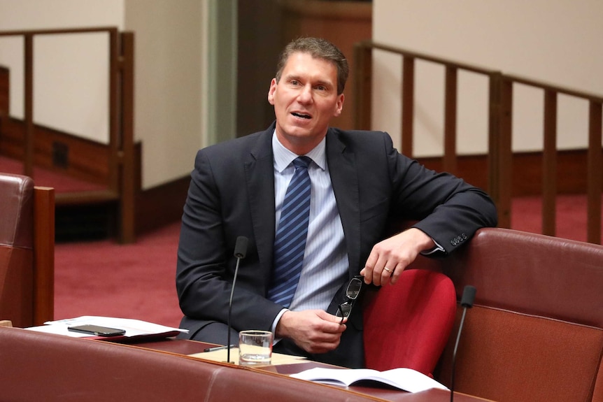 Cory Bernardi leans back in his red Senate seat, holding his glasses in his hands