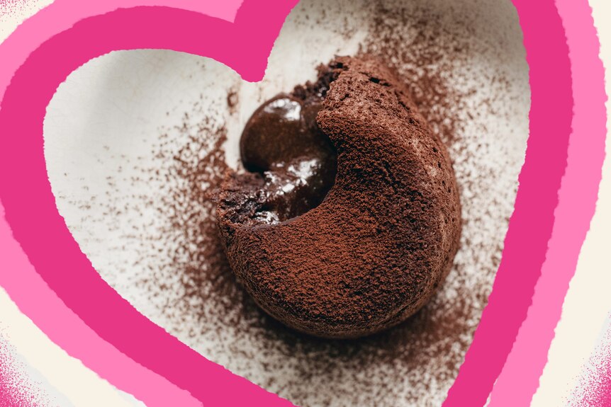 Chocolate self-saucing pudding inside a cartoon heart, a Valentine's Day dessert idea.