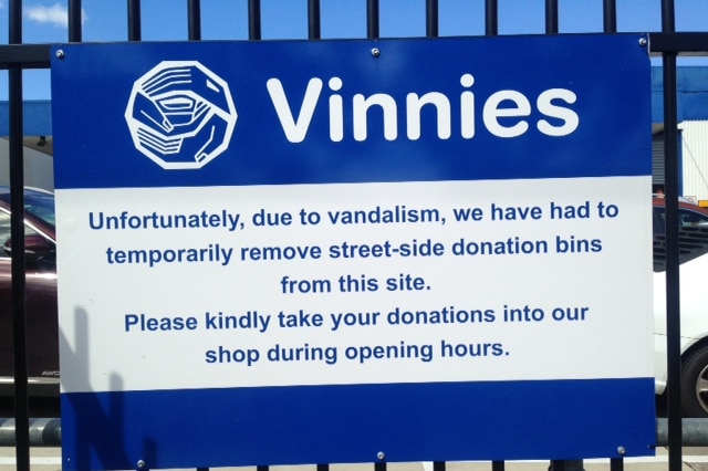 Signage outside St Vincent de Paul in Sumner Park, Brisbane, about the removal of street-side donation bins.