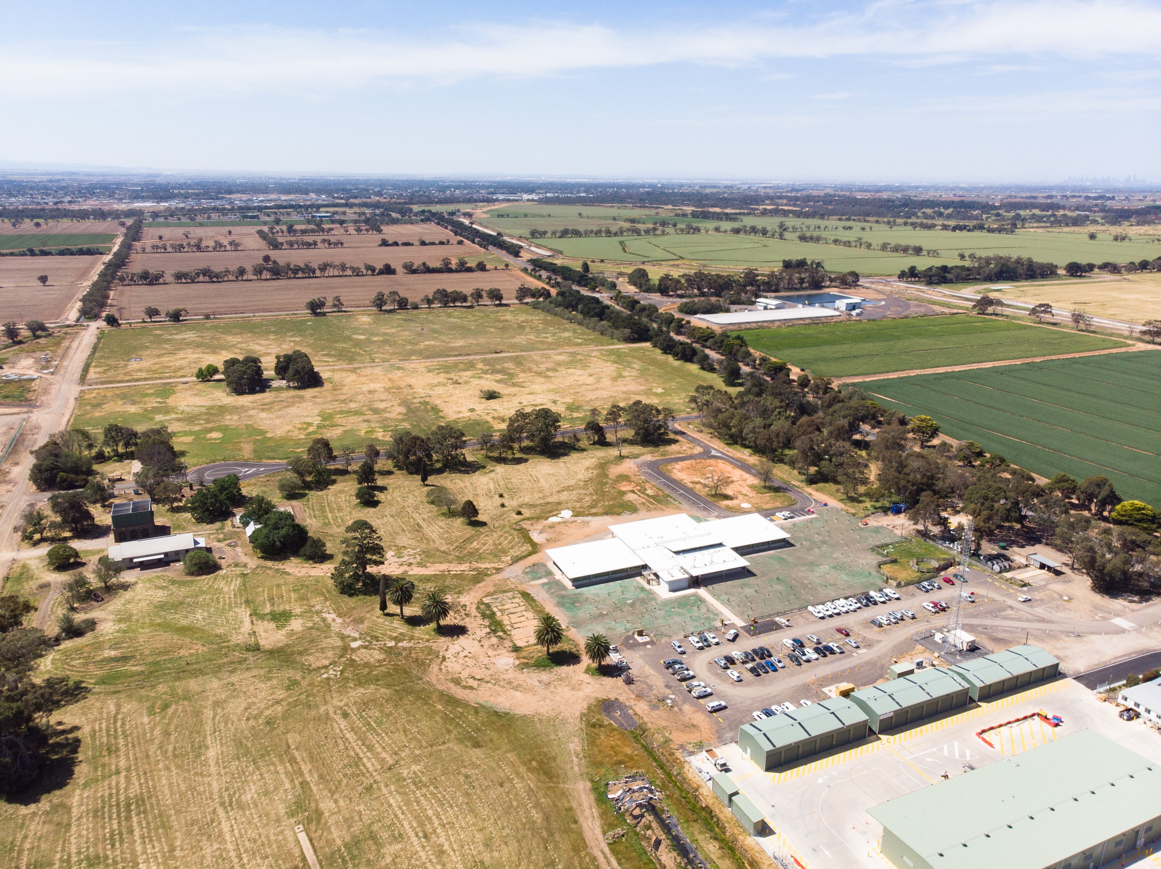 An aerial view of the historic Cocroc township surrounded by paddocks of the Western Treatment Plant.