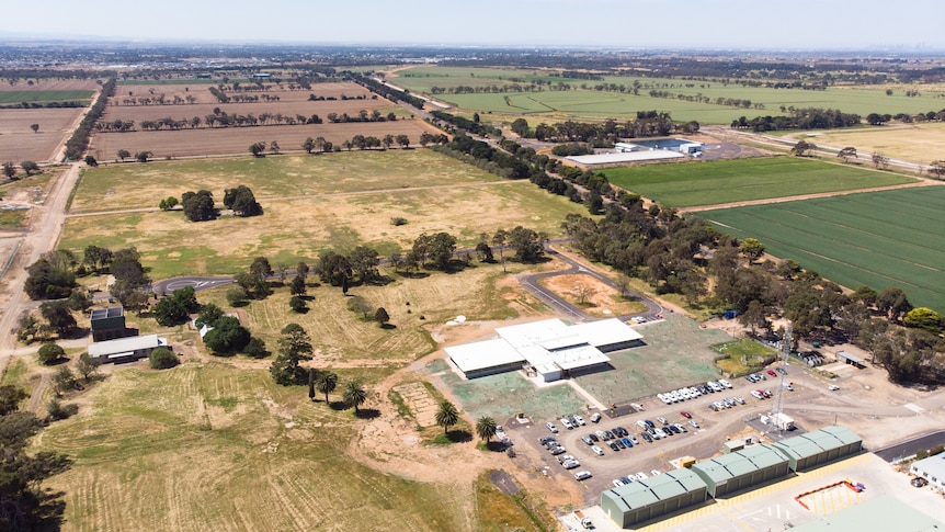 An aerial view of the historic Cocroc township surrounded by paddocks of the Western Treatment Plant.