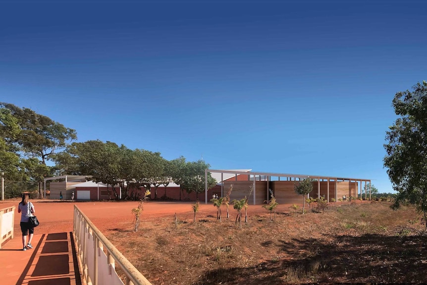 A computer generated impression of a new building with a slanted roof against red dirt and blue sky.